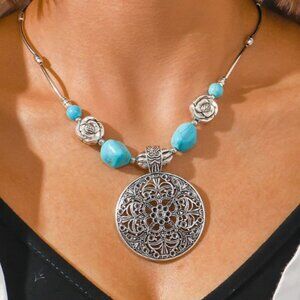 Retro Ethnic Style Hidden Silver Design Hollow Carved Turquoise Necklace